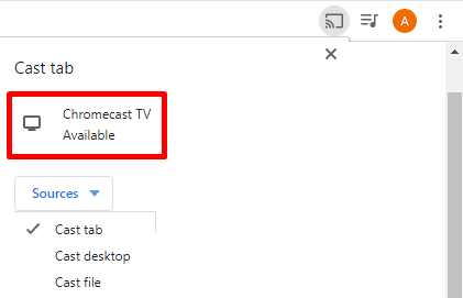 click cast tab from sources drop down