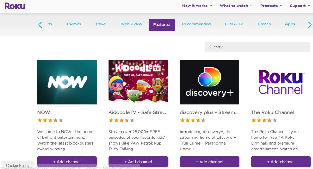 Search for Deezer on Roku Channel Store Website