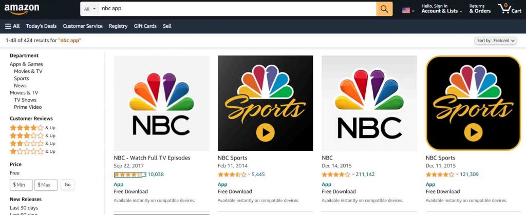 NBC app in Amazon Website