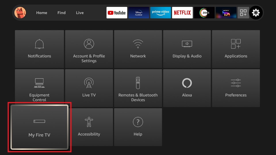 My Fire TV in settings menu