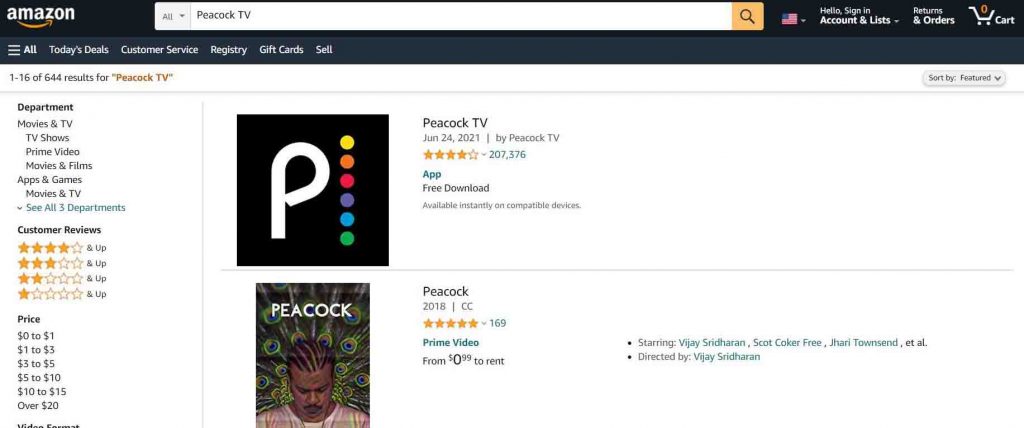 Peacock TV in Amazon Website