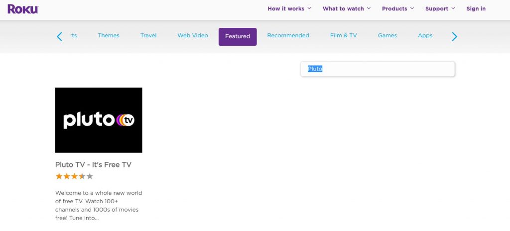Pluto TV on Roku Channel Store Website