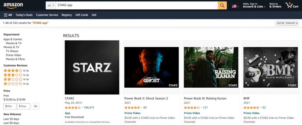 STARZ on Amazon Website