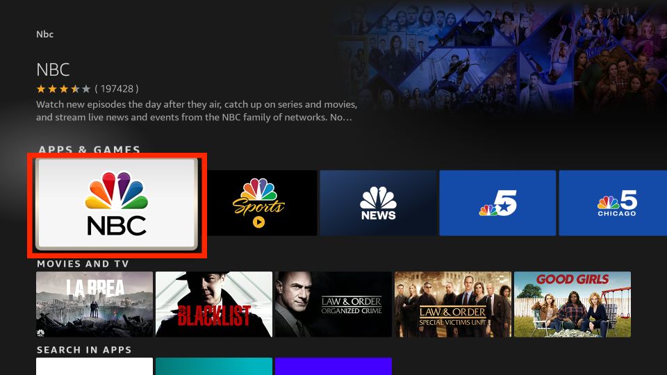 NBC app in Amazon app store