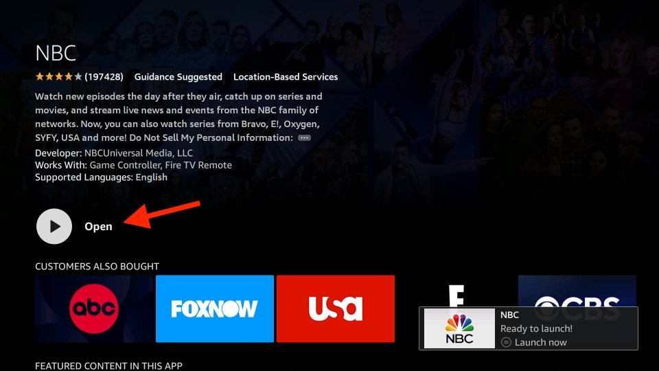 Open button to launch NBC on firestick