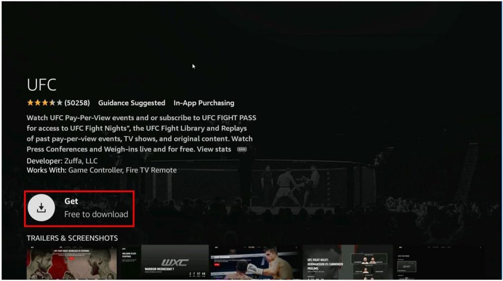 UFC app info screen