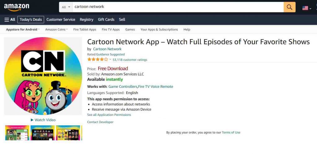Cartoon Network app info page
