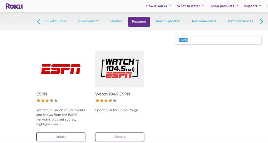 ESPN on the Roku Channel Store