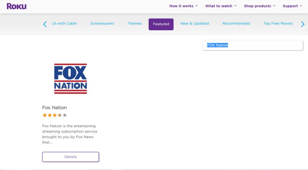FOX Nation in the Roku Channel Store