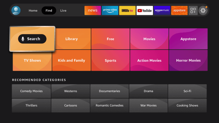 Select Search to find Freeform on Firestick