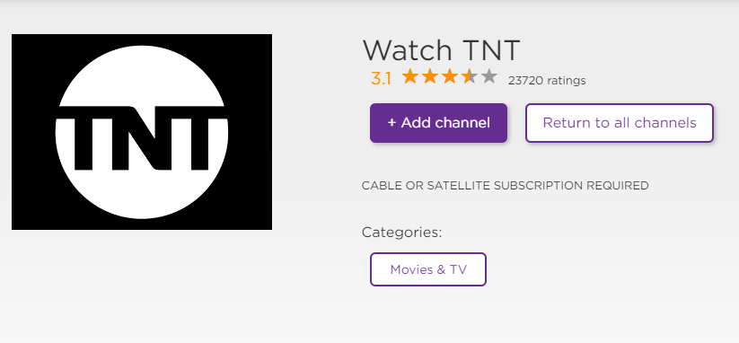 Add TNT channel from the Roku Channel Store website