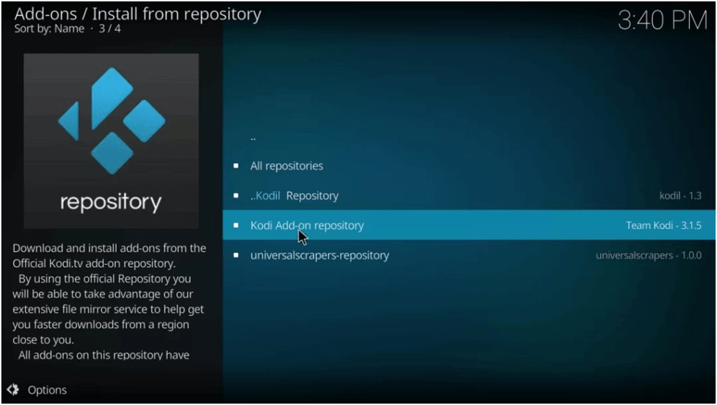 Select Kodi add on Repsoitory