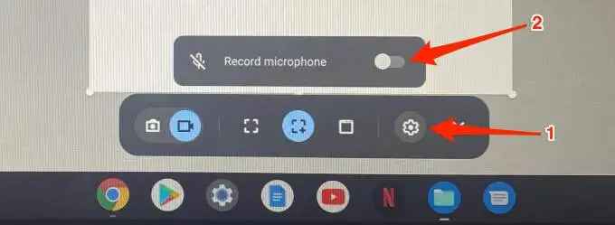 click gear icon and turn on the microphone for audio screen record on chromebook