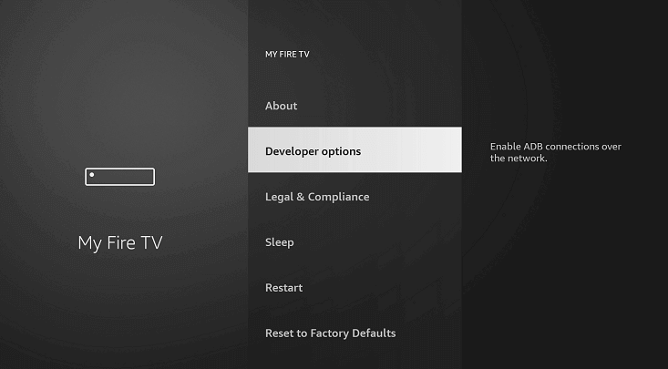 Select Developer Options to install Spectrum TV on Firestick