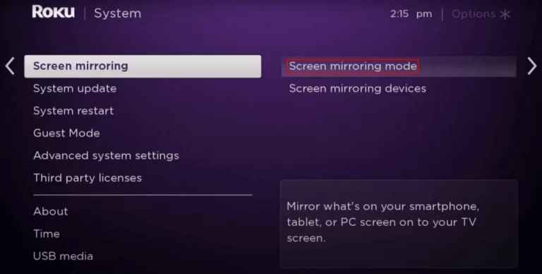 select screen mirroring mode to watch TBS on roku 