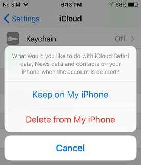 click on the delete from my iphone option to delete an icloud account 