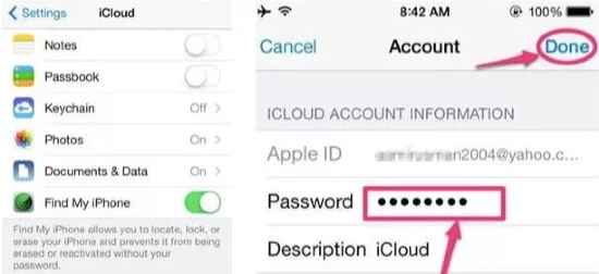fill in password and click done to delete an icloud account 