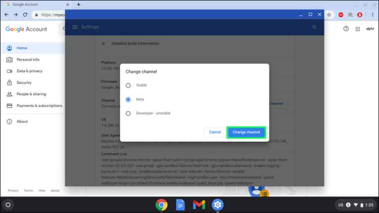 click on change channel link to enable dark mode on chromebook 