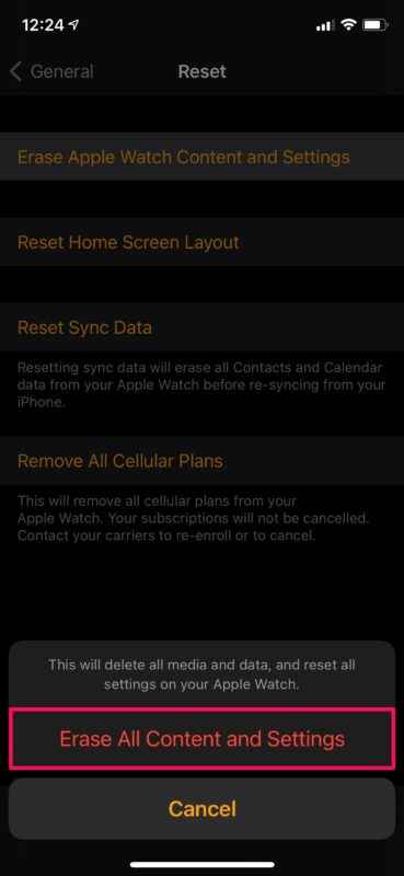 select erase apple watch content and settings again 