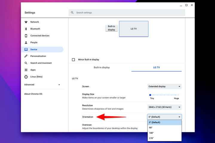 click orientation section to rotate screen on chromebook 