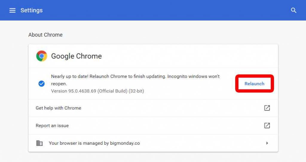 click relaunch to update chromebook 