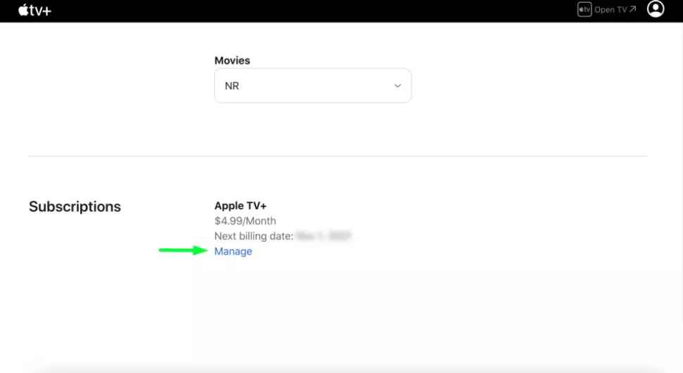 Click on the Manage section to Cancel Apple TV Subscription