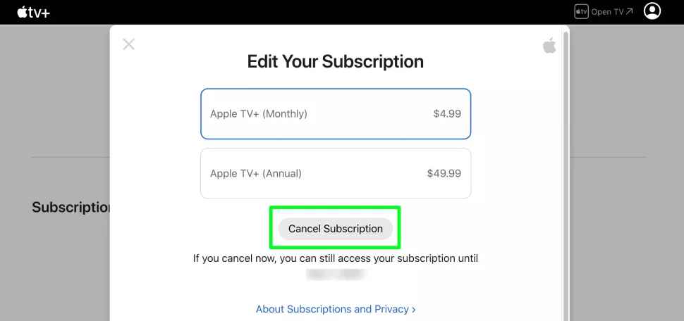 Tap on the Cancel Subscription button