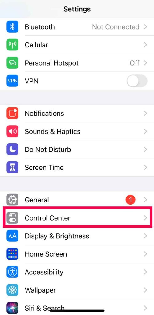 scroll down to control center 