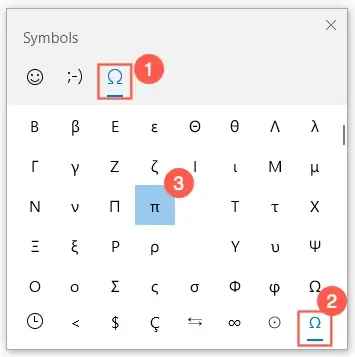 click Symbols > Language Symbols on the pop-up menu. Select the Pi symbol 