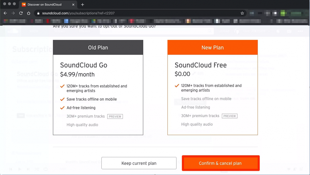 Tap confirm to cancel SoundCloud subscription