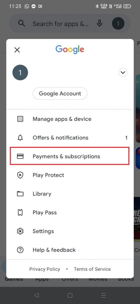 Select payment and subscriptions 