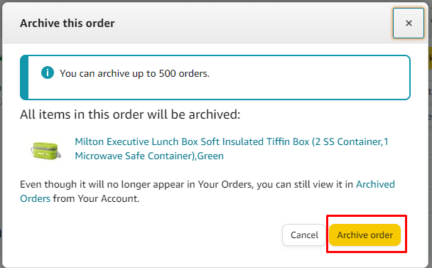 Select the option archive order to hide Amazon Order History