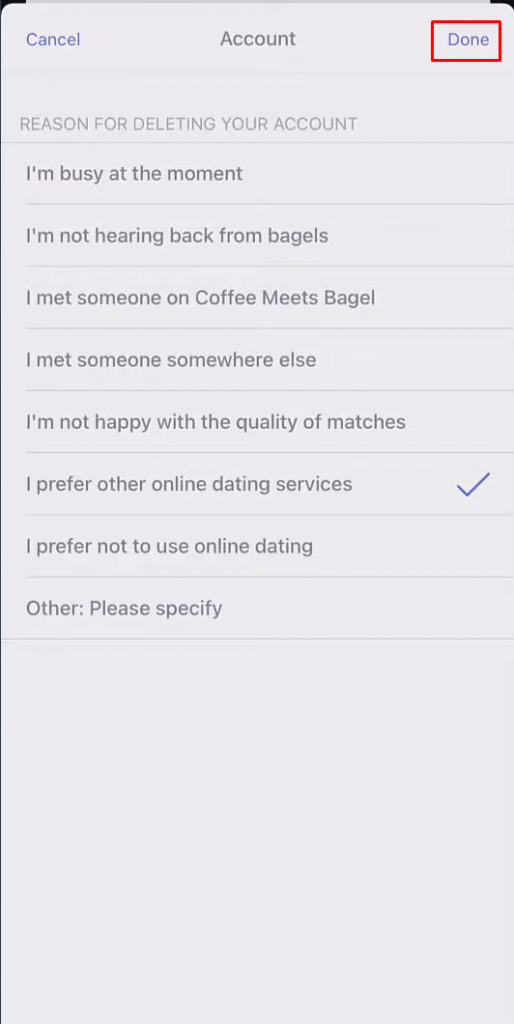 Select a reason  to delete your Coffee Meets Bagel account