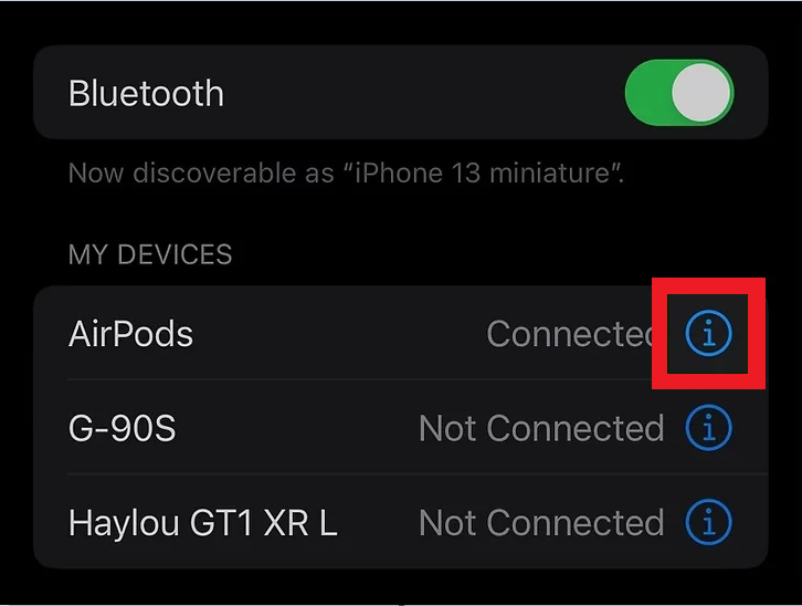 Click on the i button on the Bluetooth settings
