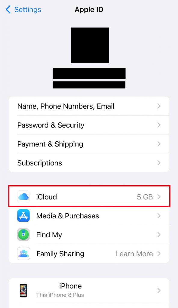 Click iCloud on iPhone Settings to transfer photos to MacBook Air