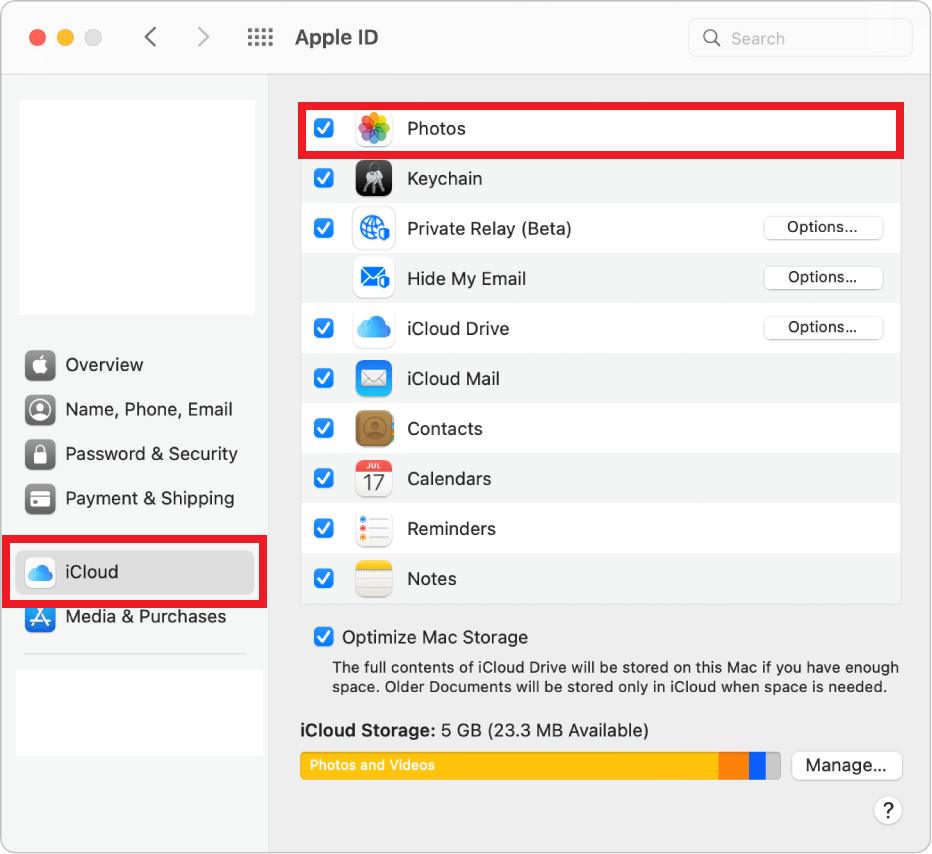 Enable Photos to transfer them to iCloud on MacBook Air