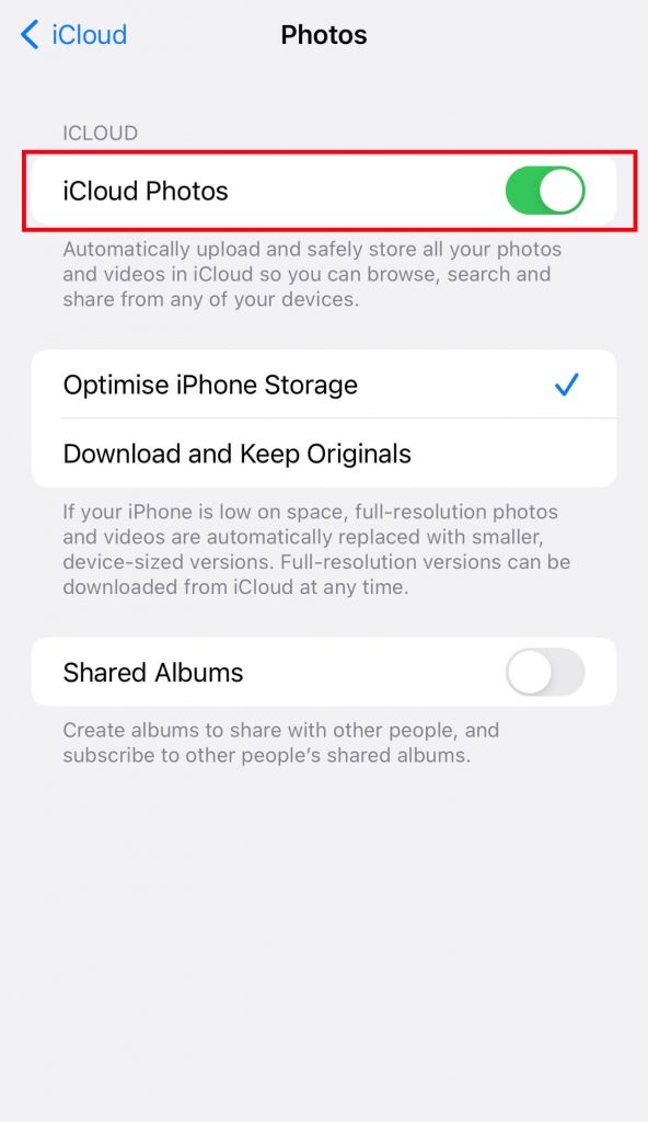 Enable iCloud Photos on iPhone to make them available on MacBook Air