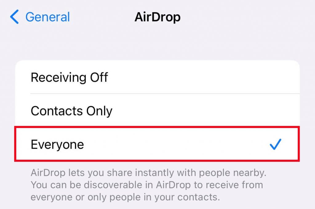 Set AirDrop Settings to Everyone to transfer Photos from iPhone to MacBook Air