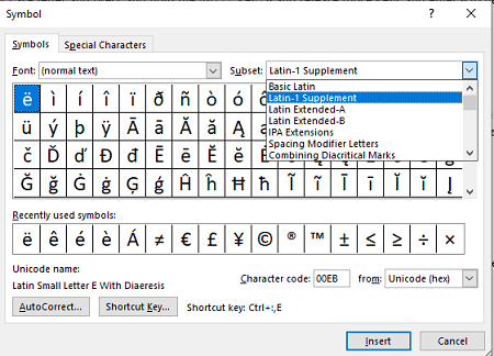 I with accent on Windows with Symbols Dialogue