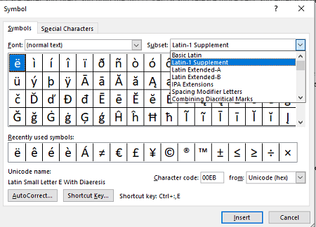 How to type O with Accent with insert Symbol on Windows 