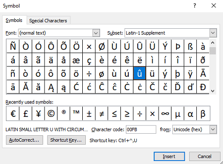 Insert U with Accent on Windows using Insert Symbol