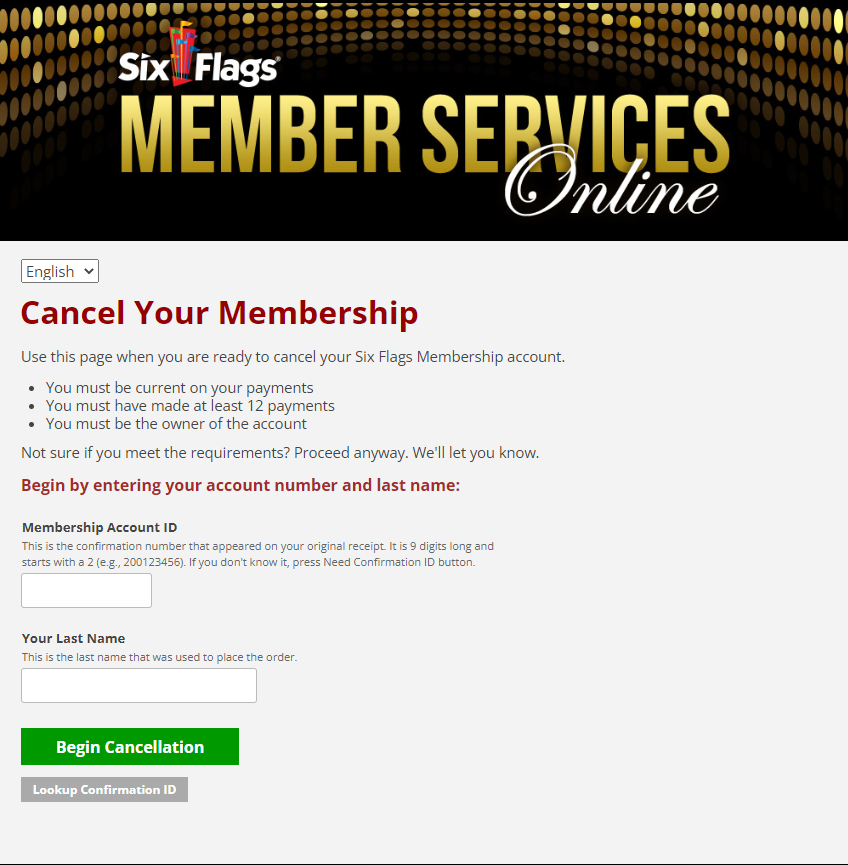 Enter your membership id to cancel Six Flag membership