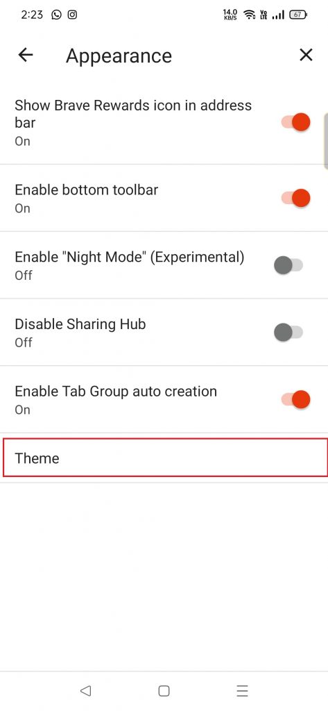 tap on themes to change the Brave into Dark Mode