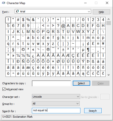 Insert not equal to sign on the keyboard using character map