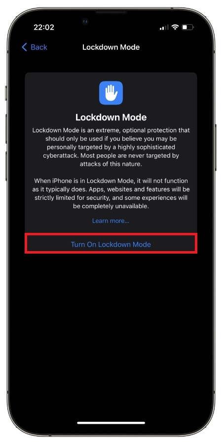 Tap Turn On Lockdown Mode