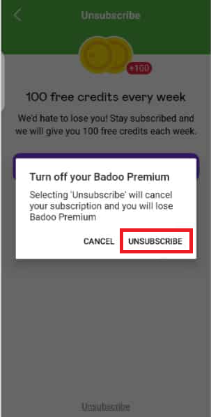 click on Unsubscribe to to Cancel Badoo Subscription