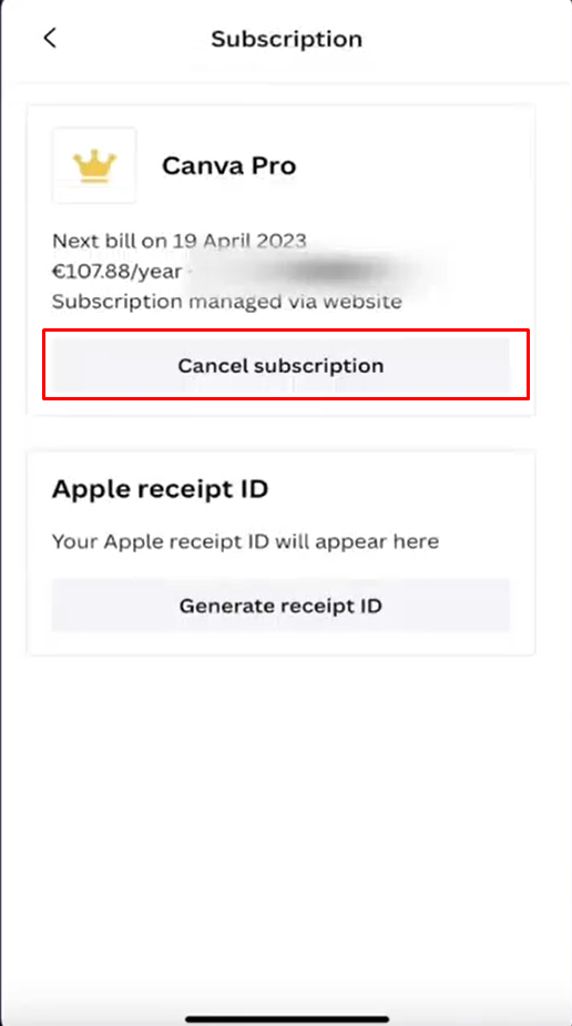 Select cancel subscription to Cancel Canva Subscription