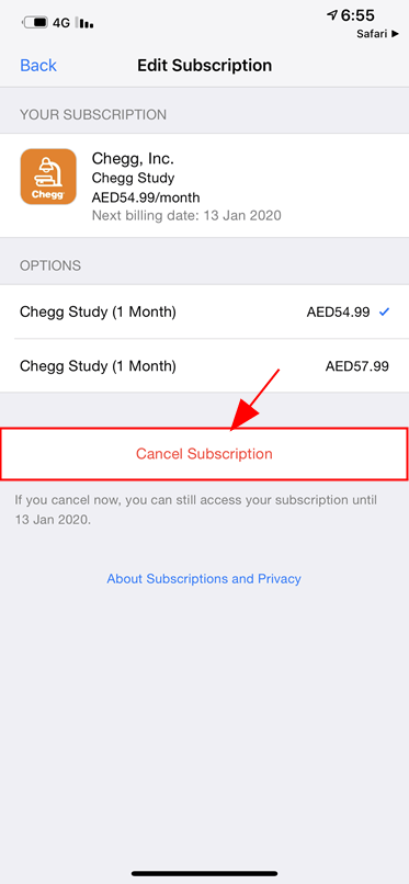 Tap on cancel subscription to cancel your Chegg subscription 