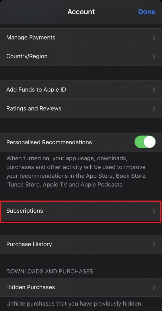 tap on subscriptions to Cancel Match Subscription