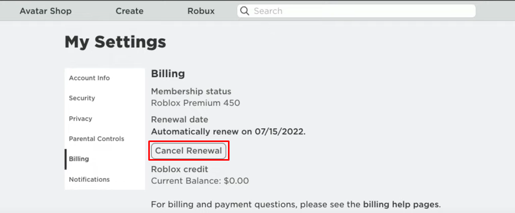 Click on Cancel Renewal to cancel Roblox Premium